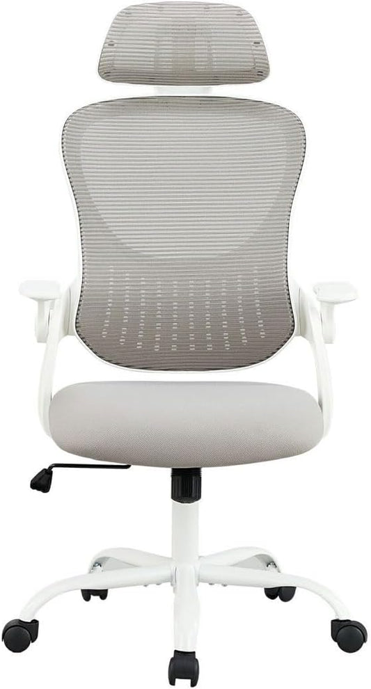 Skiennix Ergonomic Office Chair - Adjustable Lumbar Support & Flip-Up Armrests | High Back Mesh Taskchair in Grey
