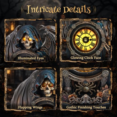 Halloween Grim Reaper Wooden Puzzle Clock with Glowing Eyes & Flapping Wings