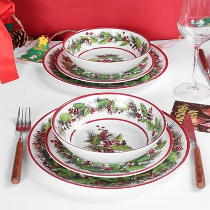12Pcs Christmas Melamine Dinnerware Set for 4 - Green & Red Garland Style