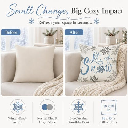 Let It Snow Pillow Cover 18x18 Winter Farmhouse Christmas Throw - Snowflakes Variation