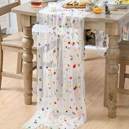 6PCS Embroidery Daisy Gauze Table Runner 28 x 120 Inches Ivory - Set of 6