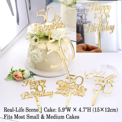 Gold Mirror Acrylic Cake Toppers Set of 5 for 50th Birthday & Anniversary