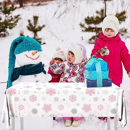 Winter Snowflake Tablecloths Set - Waterproof Disposable Holiday Decor, Pink & White, 3 Pieces