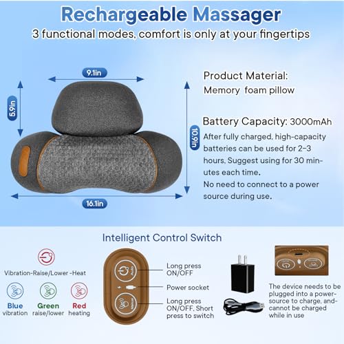 Cordless 3-in-1 Neck Massage Pillow with Heat, Traction & Auto Mode - Gray