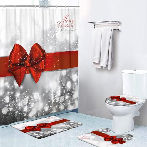 Christmas Bow Bathroom Set with Shower Curtain, Bath Rugs & Accessories - Red