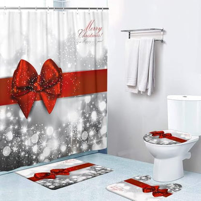 Christmas Bow Bathroom Set with Shower Curtain, Bath Rugs & Accessories - Red