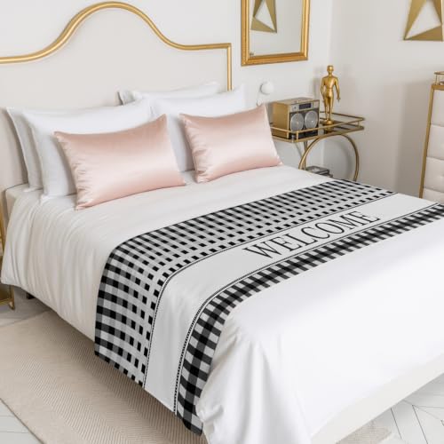 Queen Size Satin Bed Runner Scarf 83x20 Inches - Black White Buffalo Check