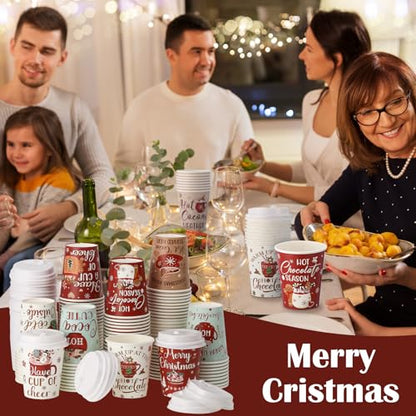 Disposable Christmas Paper Cups with Lids - 8 oz Hot Cocoa Style, 120 Pack