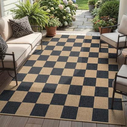 5' x 7' Checkerboard Outdoor Patio Rug - Washable Jute Look Black