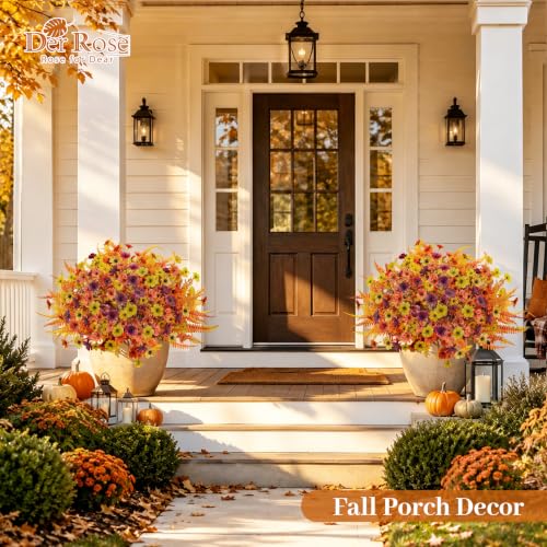 Fall Bright Orange Artificial Flowers - 24Pcs Fall Mums & Ferns for Outdoor Decor