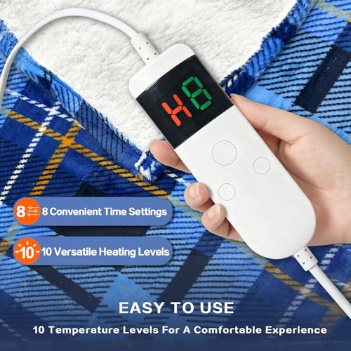 Blue Electric Blanket Heated Throw 50x60 with 8H Auto Off & 10 Heating Levels