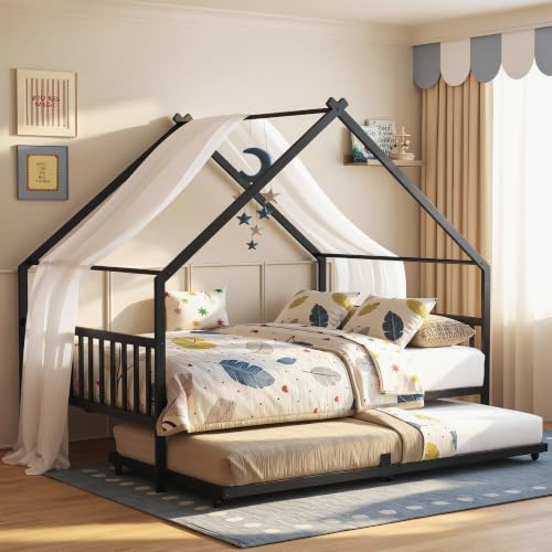 Full Daybed with Trundle House Style Black Metal Frame for Bedroom
