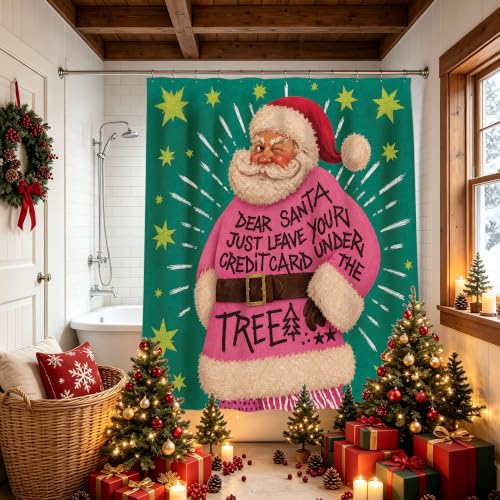 Pink Christmas Shower Curtain Set with 12 Hooks - 72x72 Inch, Teal Santa Quote