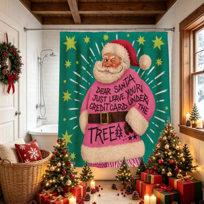 Pink Christmas Shower Curtain Set with 12 Hooks - 72x72 Inch, Teal Santa Quote