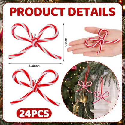 Candy Bow Ornaments for Christmas Tree Decorations - 24 Pieces, Candy Cane Style
