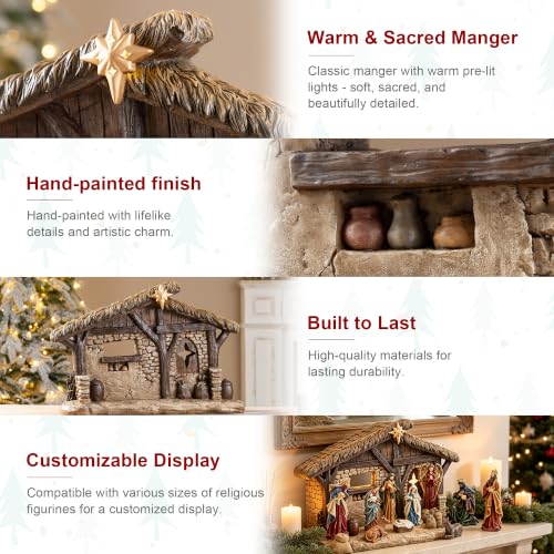 Lighted Nativity Scene Stable Creche - Hand-Painted Resin Christmas Figurines, 14.5" Height