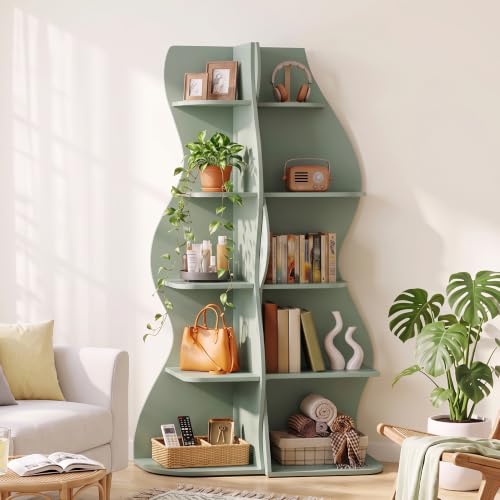 Small Wavy Corner Shelf - Modern 5-Tier Wall Corner Bookshelf in Sage Green