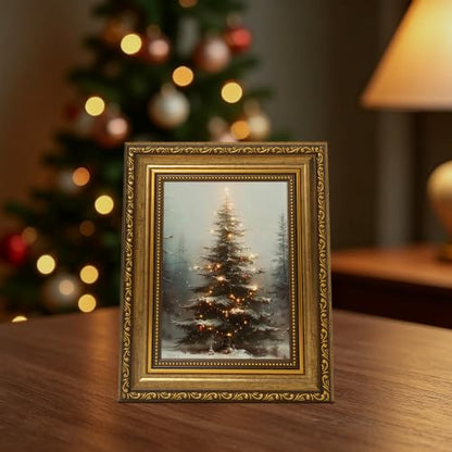 Christmas Tree Wall Art Canvas with Gold Frame - Snowy Forest Scene, 10x8 Inches - Holiday Decor