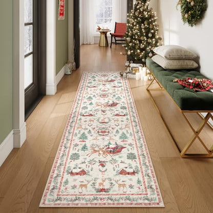 Lahome Christmas Beige Hallway Runner 2x10 ft Non Slip Washable Decor