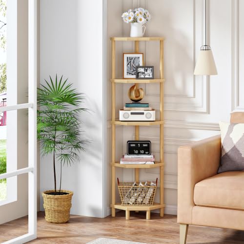 5-Tier Bamboo Corner Shelf Stand Plant Display with Tool-Free Assembly