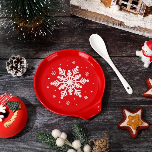 Christmas Snowflake Ceramic Spoon Rest - Red & White Holiday Kitchen Decor - 4.7 Inch