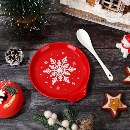 Christmas Snowflake Ceramic Spoon Rest - Red & White Holiday Kitchen Decor - 4.7 Inch