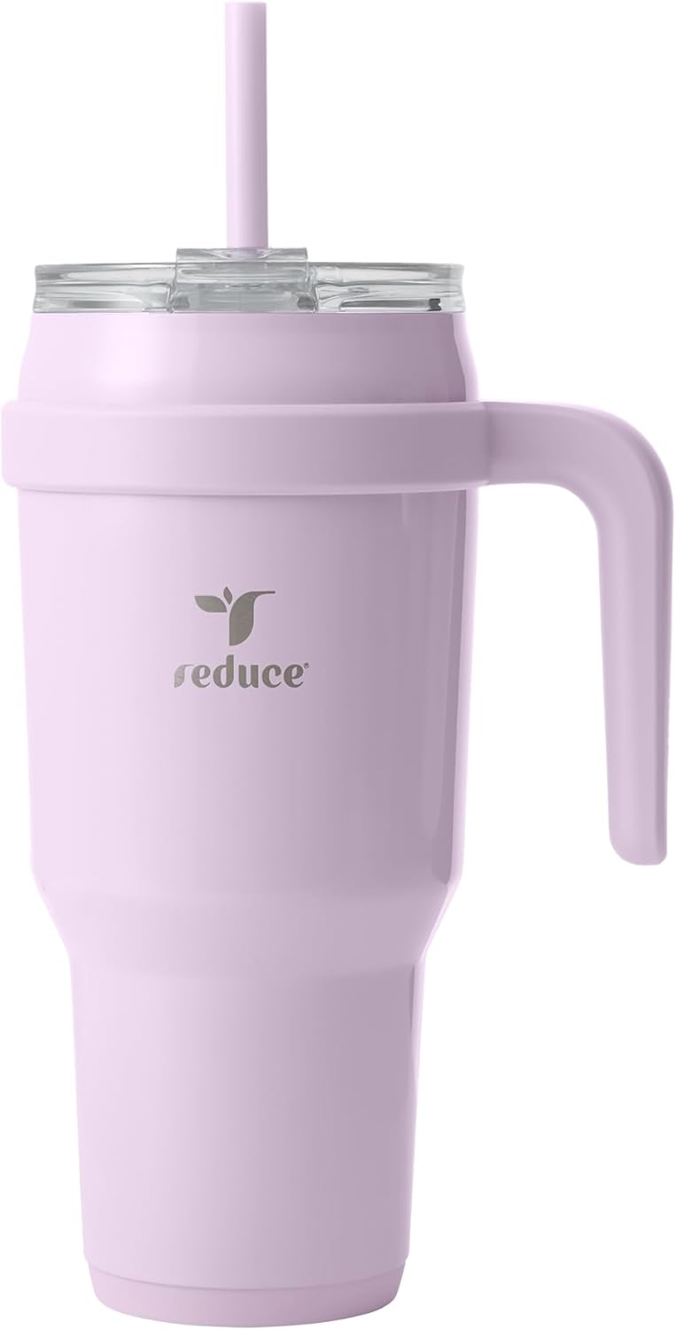 REDUCE 40 oz Stainless Steel Tumbler - Insulated Travel Mug with Handle, Sweat-Proof Lid & Reusable Straw - Keeps Drinks Cold for 24 Hrs, Fits Cupholders, Dishwasher Safe - Lilac Bud