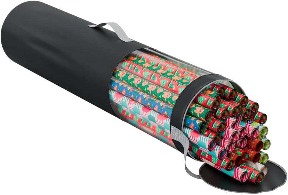 ProPik Wrapping Paper Storage Organizer Bag - Heavy Duty 40-Inch Capacity for 24 Rolls | Black with Clear PVC and Zippered Top