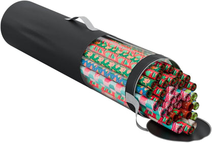ProPik Wrapping Paper Storage Organizer Bag - Heavy Duty 40-Inch Capacity for 24 Rolls | Black with Clear PVC and Zippered Top