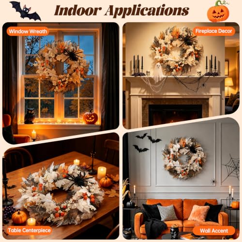 Halloween Front Door Wreath with Spider and Maple Leaves - 22 Inch