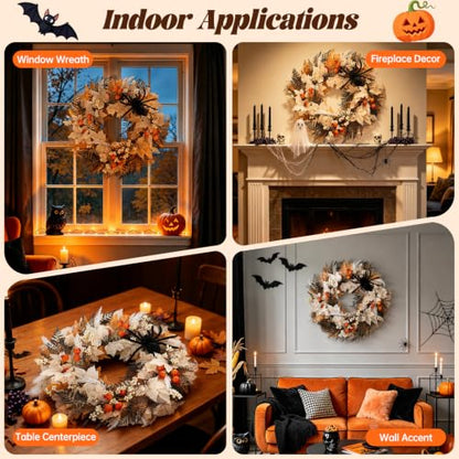 Halloween Front Door Wreath with Spider and Maple Leaves - 22 Inch