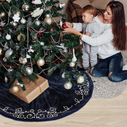 Navy Blue 36-Inch Velvet Christmas Tree Skirt with Gold Embroidered Pearls and Crystals