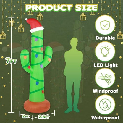 7ft Outdoor Christmas Inflatable Cactus with Built-in LED Lights - Tropical Holiday Yard Decor