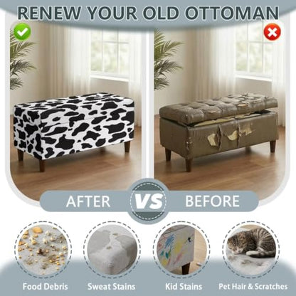 Large Black Cow Print Stretch Ottoman Cover - Soft Fit & Nonslip