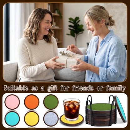 Mid Century Modern Wooden Coaster Set with Colorful Felt Inserts - 6 Pieces