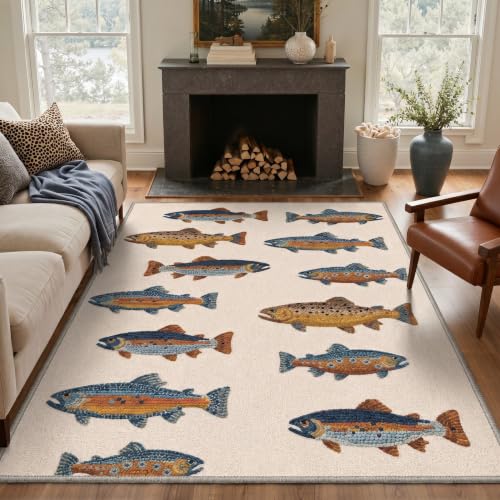 Fishing Runner Rug 2x5ft - Washable Colorful Trout Pattern Floor Mat