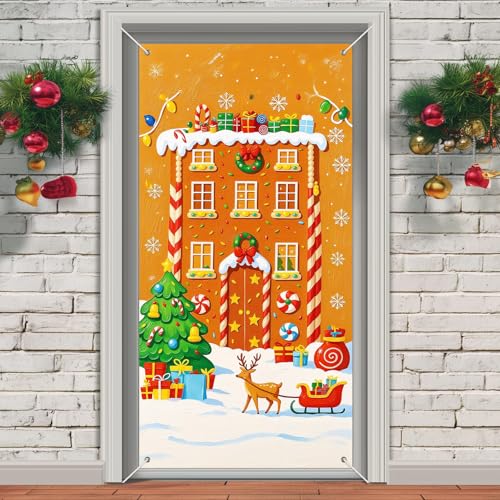 IVN Christmas Reindeer House Door Cover Banner - Classic Gingerbread Design 71 x 35 Inch