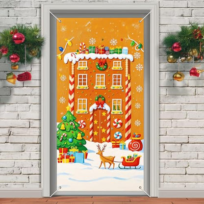 IVN Christmas Reindeer House Door Cover Banner - Classic Gingerbread Design 71 x 35 Inch