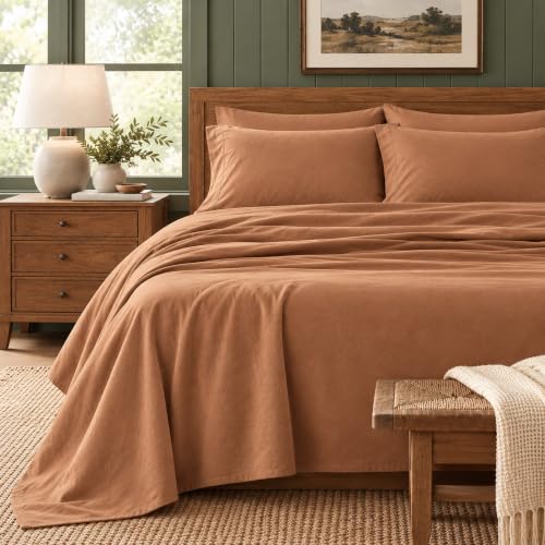 Queen Size Flannel Sheet Set - Solid Adobe, 100% Turkish Cotton, Double-Brushed, Cozy Winter Bedding