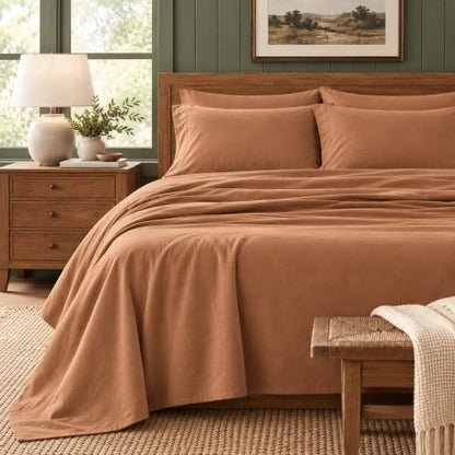 Queen Size Flannel Sheet Set - Solid Adobe, 100% Turkish Cotton, Double-Brushed, Cozy Winter Bedding