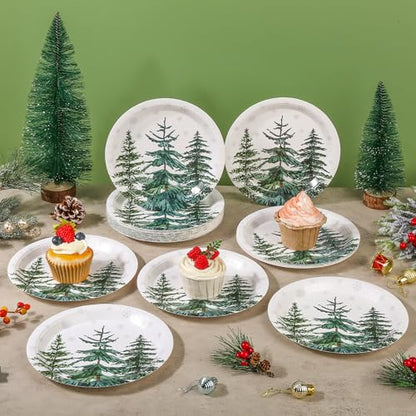 Christmas Trees Paper Plates - 7 Inch Xmas Tree Snowflake Party Dinnerware, 24 Pack - Pine Trees Variation