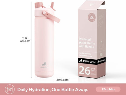 POWCAN Insulated Water Bottle - 26 oz Stainless Steel with 2-in-1 Straw & Spout Lid | Leak-Proof, Keeps Cold 24H, Fits Car Cup Holder (Rosy Bouquet)