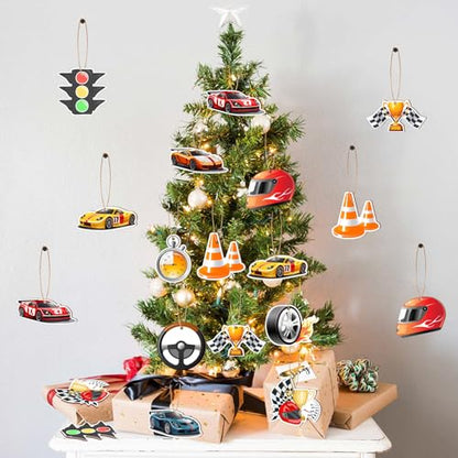 Wooden Race Car Holiday Ornaments Set - 24 Car-Themed Hanging Decor for Tree, Home & Party