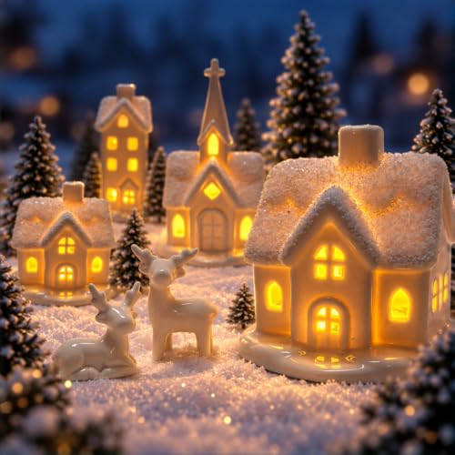 Indoor Christmas Village Set - 13 Piece White Holiday Scene with Houses and Decor