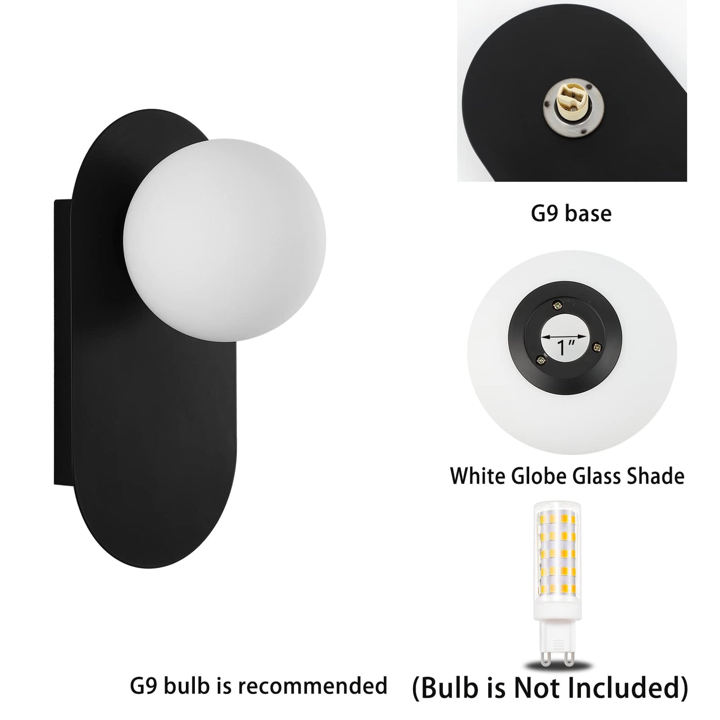 BAODEN Modern Wall Sconce Set of 2 Matte Black Mid Century Bathroom Vanity Wall Light with White Globe Glass Shade Industrial Wall Lamp Pole Wall Mount Lighting Fixture