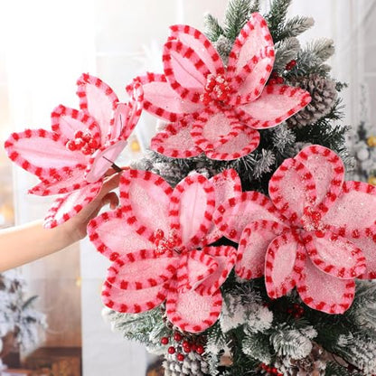 Pink Poinsettia Stem Set with Clips - 6 Pieces for Christmas Tree Decor - Pink Dot