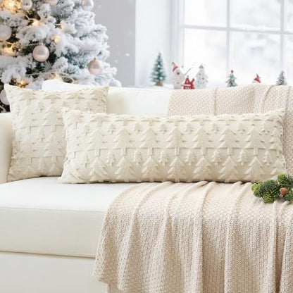 Christmas Throw Pillow Cover 14x36 Inch Faux Fur Wool Tree Design Cream Beige