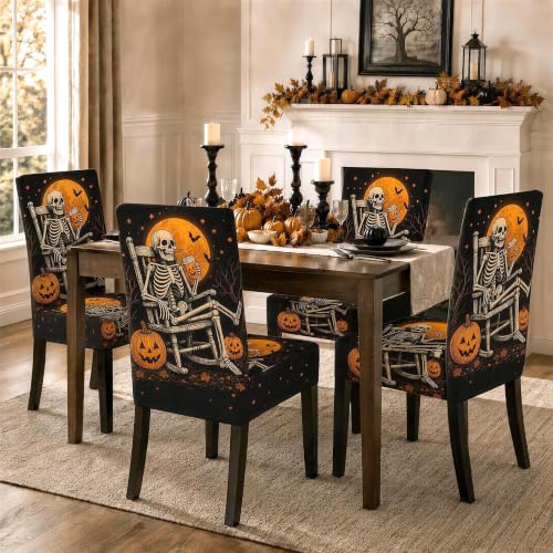 Set of 4 Halloween Skeleton Chair Covers - Stretch Milk Silk Fabric, Fall Decor