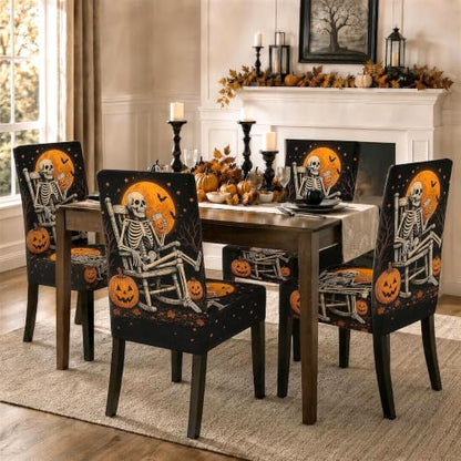 Set of 4 Halloween Skeleton Chair Covers - Stretch Milk Silk Fabric, Fall Decor