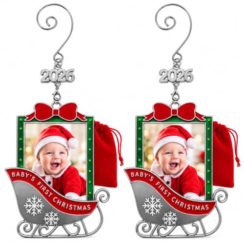Baby's 1st Christmas Photo Ornament Set of 2 - 2026 Keepsake Sleigh Decorations with Personalizable Photo Slots